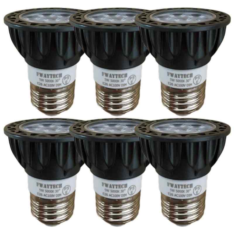 FWAYTECH ledハロゲン電球 e26 昼白色 調光対応 5W 中角30度 ハロゲン電球40W～50W相当 ダクトレールLEDスポットライト レフ電球代替 密閉器具対応 (5000K昼白色相当, E26口金 調光 (本体黒) 6個)