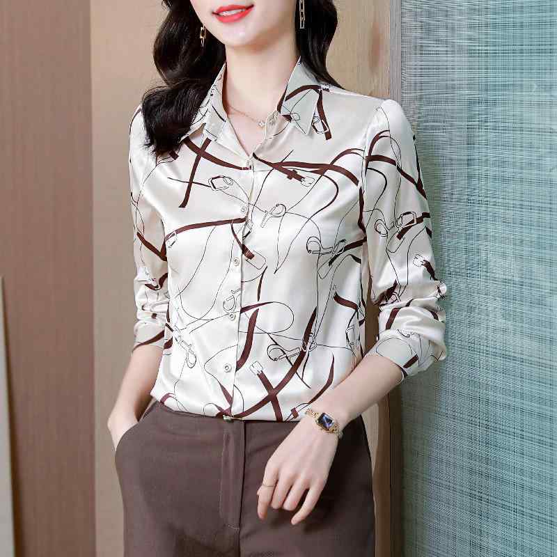 シャツ レディース 春秋 桑蚕? 襯衫 長袖 ブラウス シルク フラワープリント 花柄 M L XL XXL XXXL ブラック カーキ イエロー 切り替え