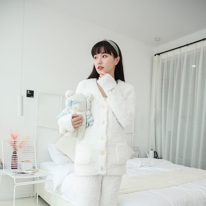 ルームウェア レディース 秋冬 かわいい Vネック 部屋着 上下セット 柔らかい ポリエステル 長袖 長ズボン パジャマ 寝巻き 睡眠 暖か 快適 ホワイト