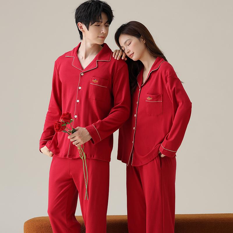 パジャマ レディース 春秋 結婚祝い 新婚 カップル ペア メンズ 本命年 コットン ルームウェア 上下セット 寝巻き 部屋着 長袖 長ズボン 胸パッド付き 赤
