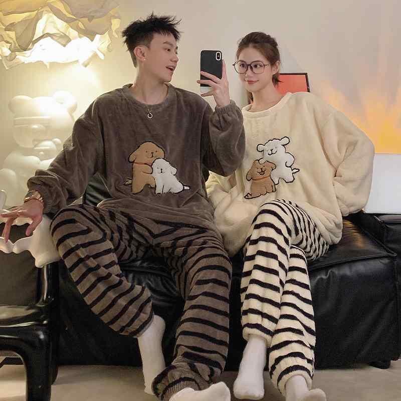 パジャマ レディース メンズ 秋冬 ルームウェア 上下セット フランネル 暖かい 厚手 ポリエステル 長袖 長ズボン ラウンドネック かわいい 小犬柄 部屋着