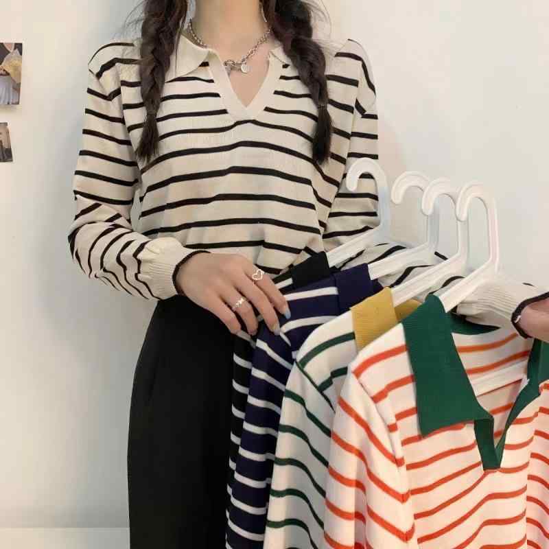 ニット レディース 韓国 ボーダー配色 ポロネック 長袖 プルオーバー トップス 普段使い デート 快適 杏色 ブルー グリーン イエロー ブラック2