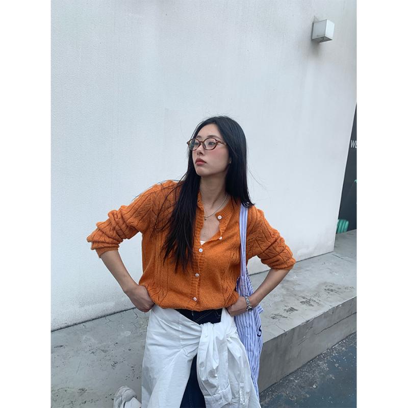ニットカーディガン レディース 春物 韓国風 長袖 杏色 ラウンドネック ゆったりサイズ 薄手 羽織り