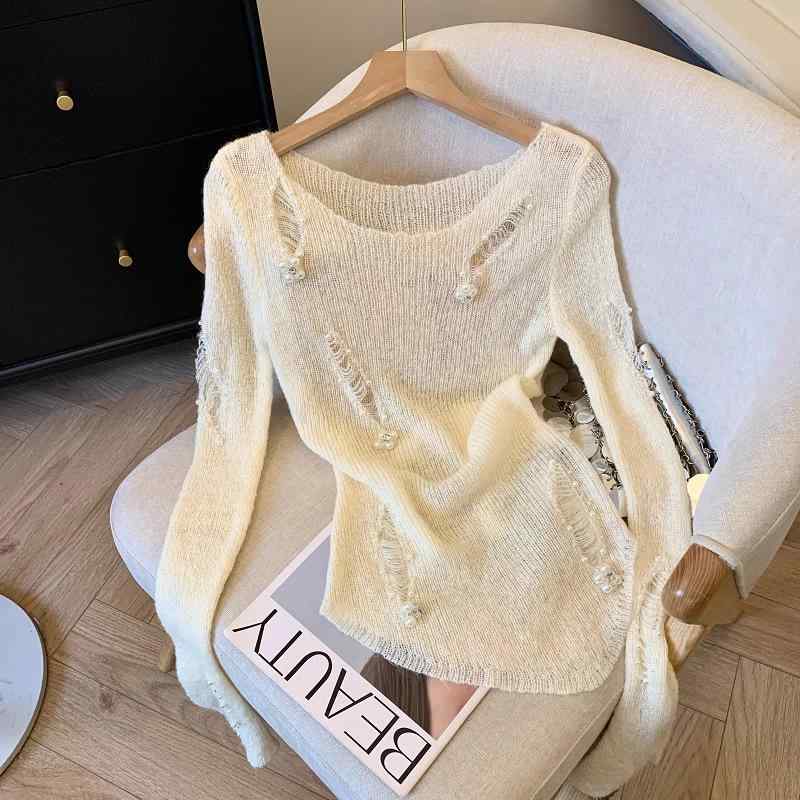 Tシャツ レディース 長袖 ラウンドネック トップス ニット ダメージ加工 カットアウト デザイン 伸縮性 重ね着 レイヤード 韓国風 ブラック ホワイト グレー
