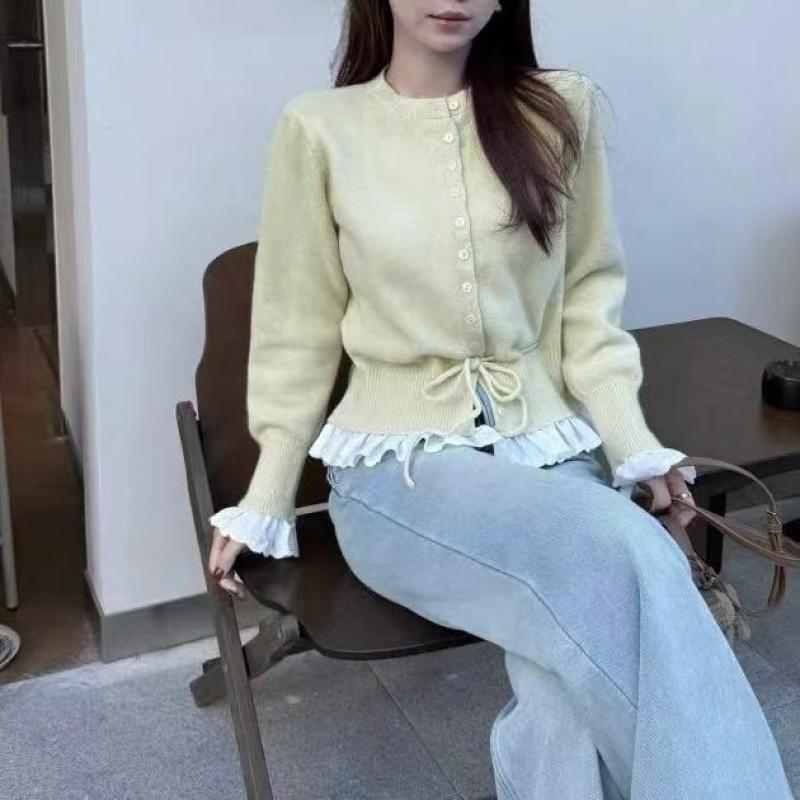 カーディガン レディース ニット 韓国風 かわいい レース 切り替え ケーブル編み 長袖 トップス 清楚 フェミニン ガーリー レッド 赤 パープル 紫 アイボリー 4,074円