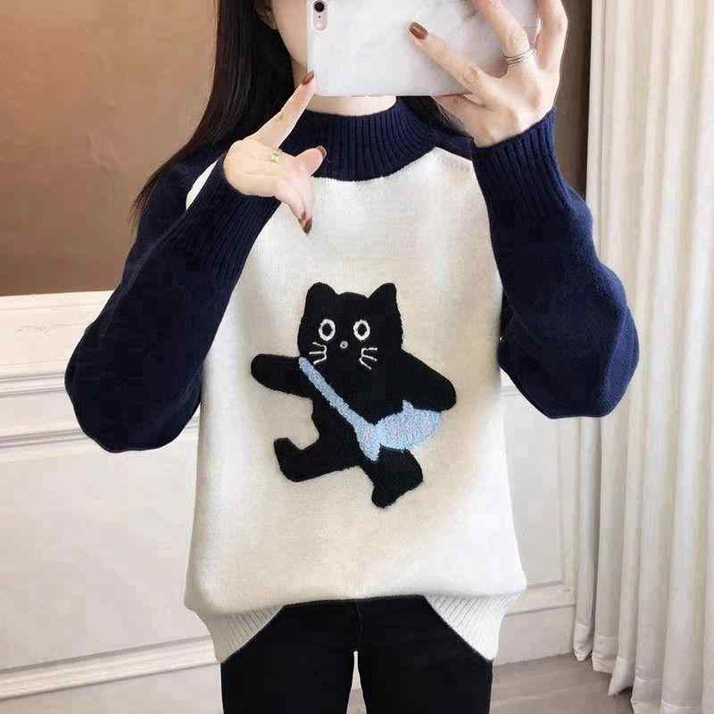 ニット レディース 猫柄 かわいい 秋冬 半ハイネック プルオーバー トップス 長袖 あったか ゆったり 普段使い 部屋着