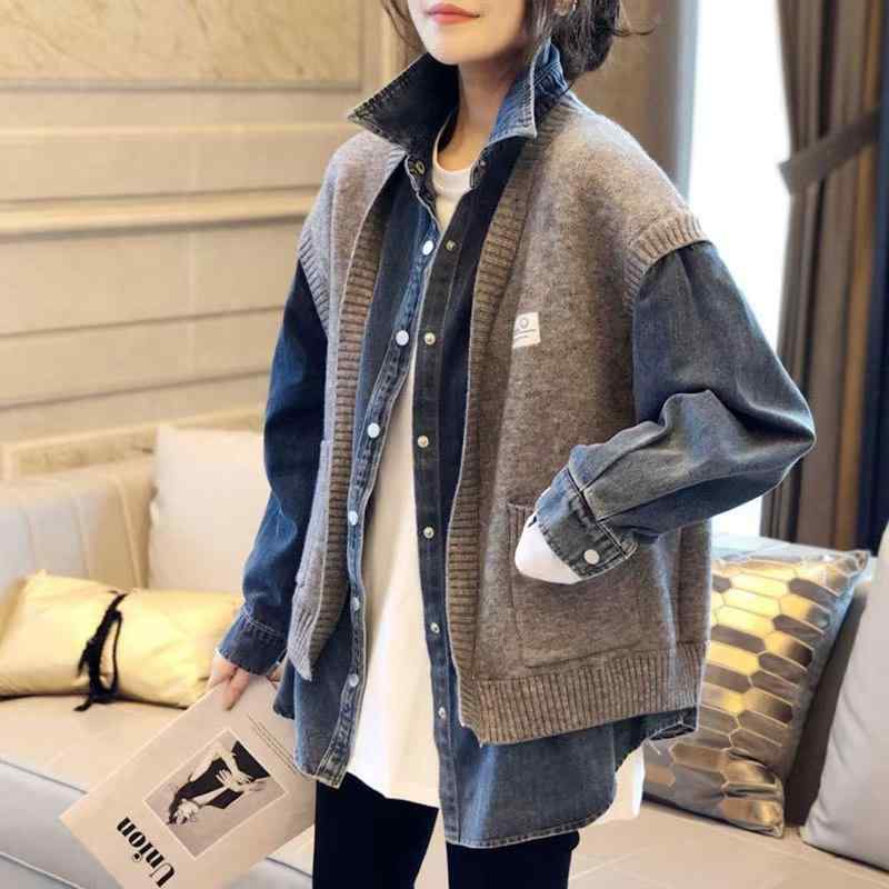 カーディガン レディース ニット 切り替え デニム ジャケット ゆったり 厚手 長袖 トップス 普段使い 韓国 日韓カジュアル 快適 柔らかい ポリエステル 灰色 紺色