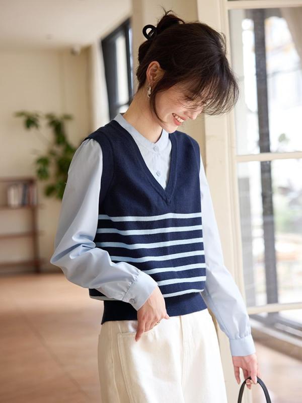 ニット レディース ストライプ ニットベスト 長袖シャツ ドッキング トップス 春物 M L XL XXLサイズ ポロネック ゆったり 普段使い 通勤着