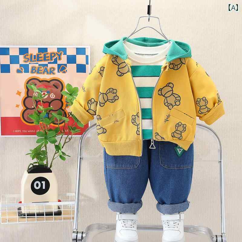 子供服 男の子 3点セット クマ耳付き ジャケット & パンツ 韓国風 かわいい 幼児 ベビー服 上下セット 綿90％ 秋2
