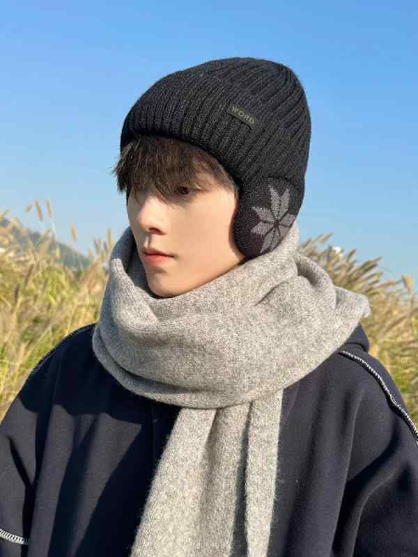 帽子 男性用 ニット帽 秋冬 防寒 暖かい 耳当て付き 裏起毛 伸縮性 コットン ポリエステル 普段使い アウトドア ブラック グレー ネイビー