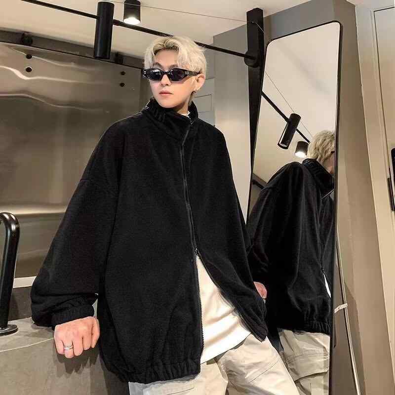 ジャケット 男性用 ブルゾン 秋冬 高街 カジュアル ゆったり 刺・墸 リブ 襟付き ポリエステル ブラウン ブラック