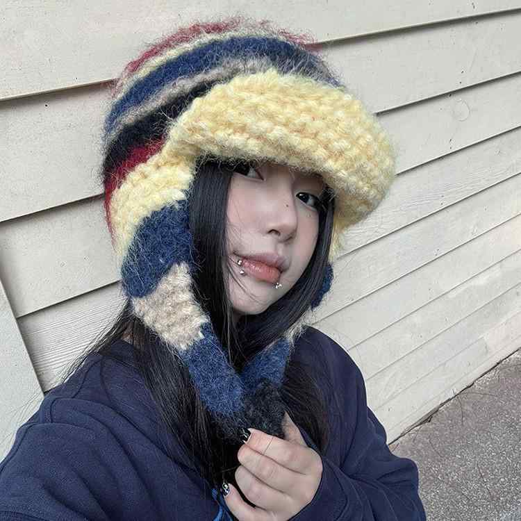 ニット帽 秋冬 女性用 防寒 耳当て付き 飛行帽 黄色 ピンク系 グリーン ブルー 暖かい 毛糸帽子 おしゃれ2