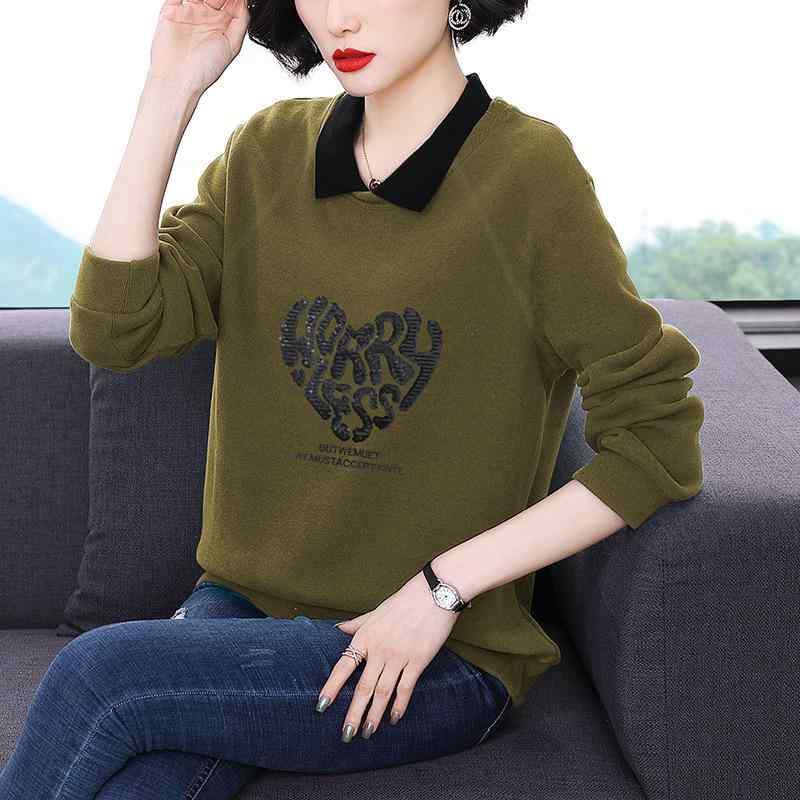 Tシャツ レディース ミセス ゆったり 幾何学模様 トップス 長袖 ポロネック 秋冬 通勤 粘・屬?? 秋香緑