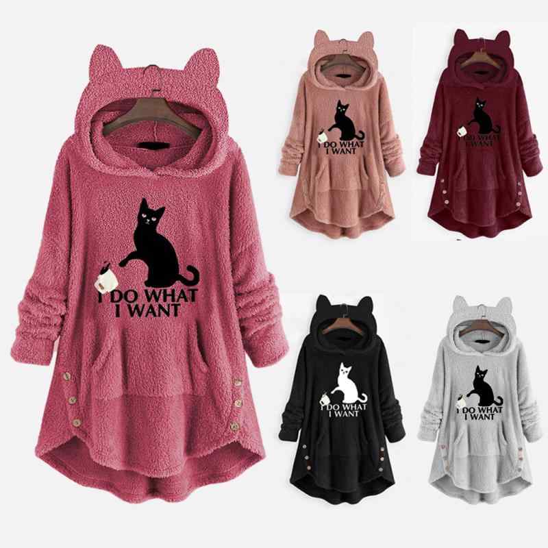 パーカー レディース 秋冬 長袖 プルオーバー 猫 プリント 裏起毛 ゆったり 大きいサイズ トップス 部屋着 普段使い かわいい ピンク系 ブルー グレー ワインレッド