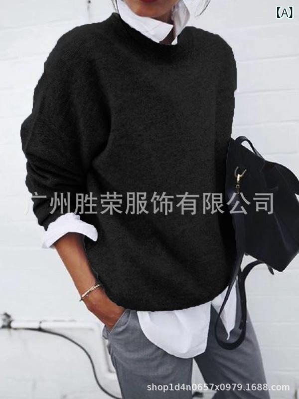 ニット レディース 秋冬 長袖 丸首 無地 トップス チュニック丈 カットソー ゆったり 普段使い 部屋着 ブラック グレー ピンク系 カーキ ブルー2