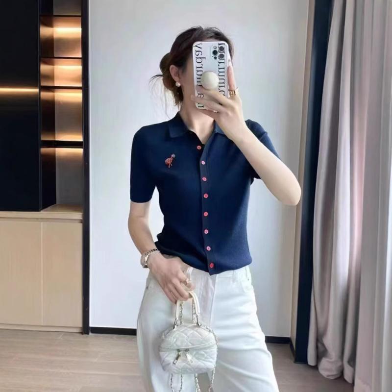 カーディガン レディース スリムフィット ニット トップス ノースリーブ ポロ襟 深青色 白色 S M L XL 接触冷感 サマーニット