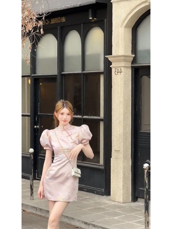 ワンピース レディース 春夏 チャイナドレス風 膝丈ワンピース 半袖 泡 パフスリーブ ポロネック ポリエステル ピンク系 かわいい カジュアル 普段使い パーティー2|clearstore