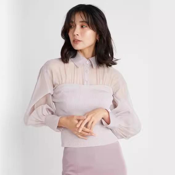 シャツ レディース 春夏 ブラウス チュニック トップス 長袖 襟付き 翻襟 きれいめ かわいい ガーリー フェミニン 薄手 シアー 透け感 ランタンスリーブ ポリエステル オフィス カジュアル 白 ホワイト 黒 ブラック ピンク2