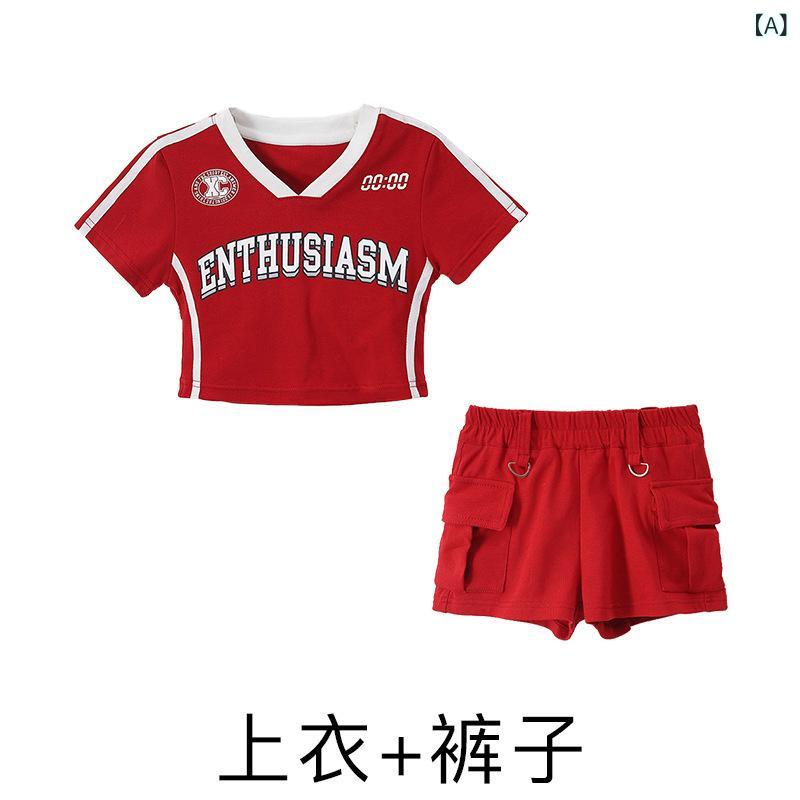 ダンス衣装 子供 女の子 ジャズダンス トップス ショーツ 上下セット 韓国風 ヒップホップ 舞台演出服 練習着 赤 黒 短パン 接触冷感