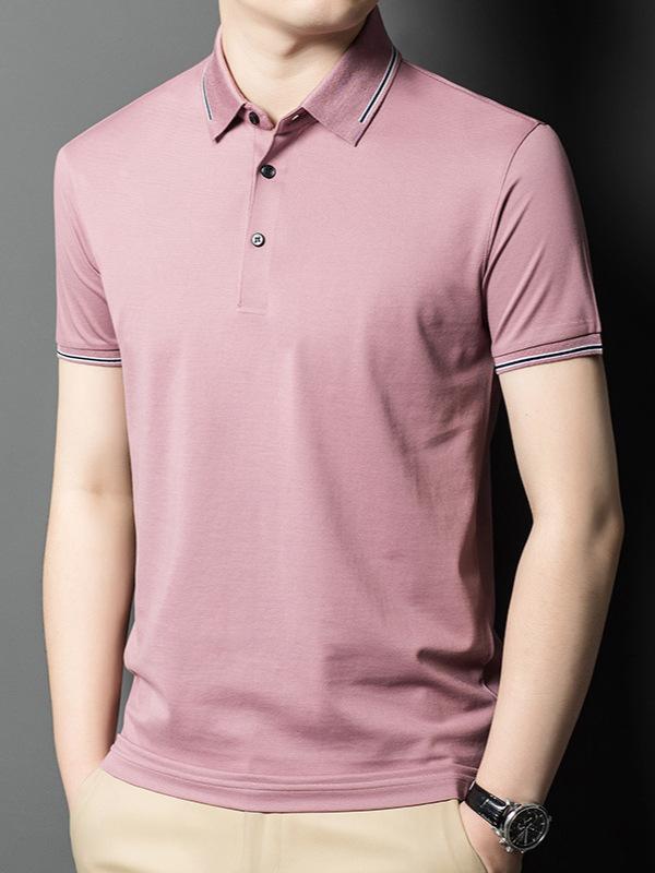 Tシャツ メンズ 男性用 半袖 ポロシャツ ファッション ストライプ柄 襟付き トップス 薄手 通気性 接触冷感 桑蚕? 綿混紡 ピンク系 ブルー 上青 M L XL XXL XXXL XXXXL2