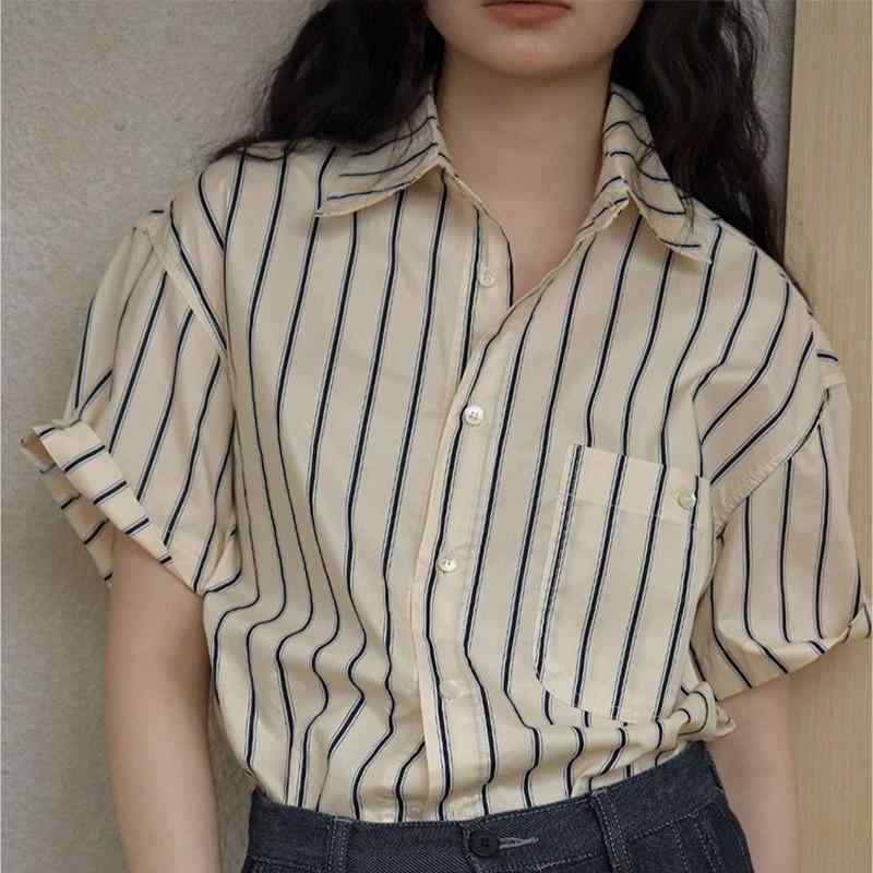 シャツ レディース 天?麻 杏色 ストライプ シャツ ブラウス 半袖 ポロ襟 トップス 文芸 ?古風2 6,315円