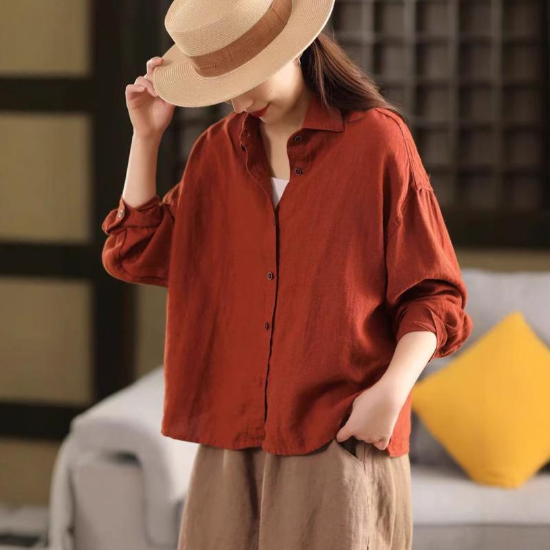 シャツ レディース 春夏 リネン 襟付き ブラウス トップス 長袖 カーディガン ゆったり 文芸風 レトロ ブラック パープル ホワイト グリーン レッド2
