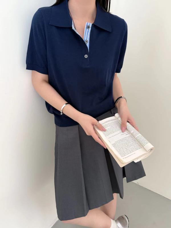 編み物 レディース 絨毛混紡 半袖スポーツシャツ トップス 色彩設計 うつり変わり 薄っぺら ティーシャツ 普段使い走り 通勤着 白いこと 紺色系2