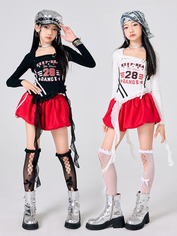 ダンス衣装 キッズ 女の子 ジャズダンス レース へそ出し セットアップ 潮服 小学生 舞台演出 練習着 レッスン着 発表会 黒 赤 花柄スカート ポリエステル