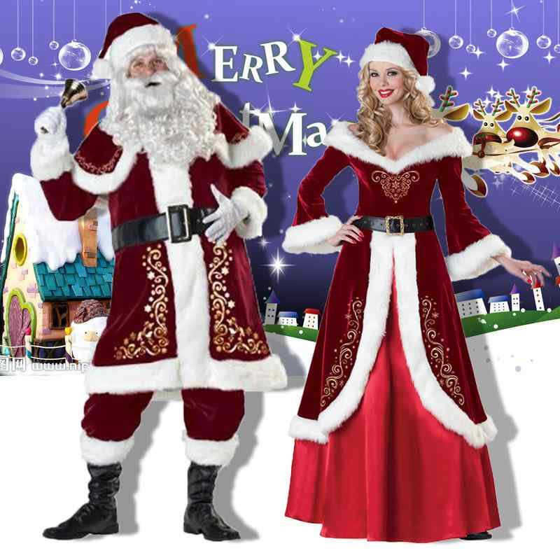 クリスマス コスチューム 男性用 女性用 サンタクロース 衣装 上下セット 帽子付き 膝丈ワンピース ケープ グローブ付き ポリエステル 95% 復古風 舞台衣装2|clearstore