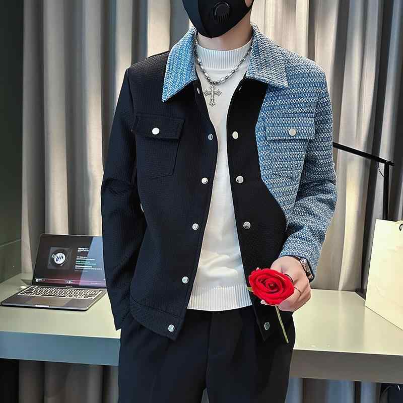 ジャケット メンズ デニム切り替え ウール混紡 アウター ブルゾン 秋冬 ストリートスタイル ヒップホップ オーバーサイズ ゆったり 青 緑 黒2