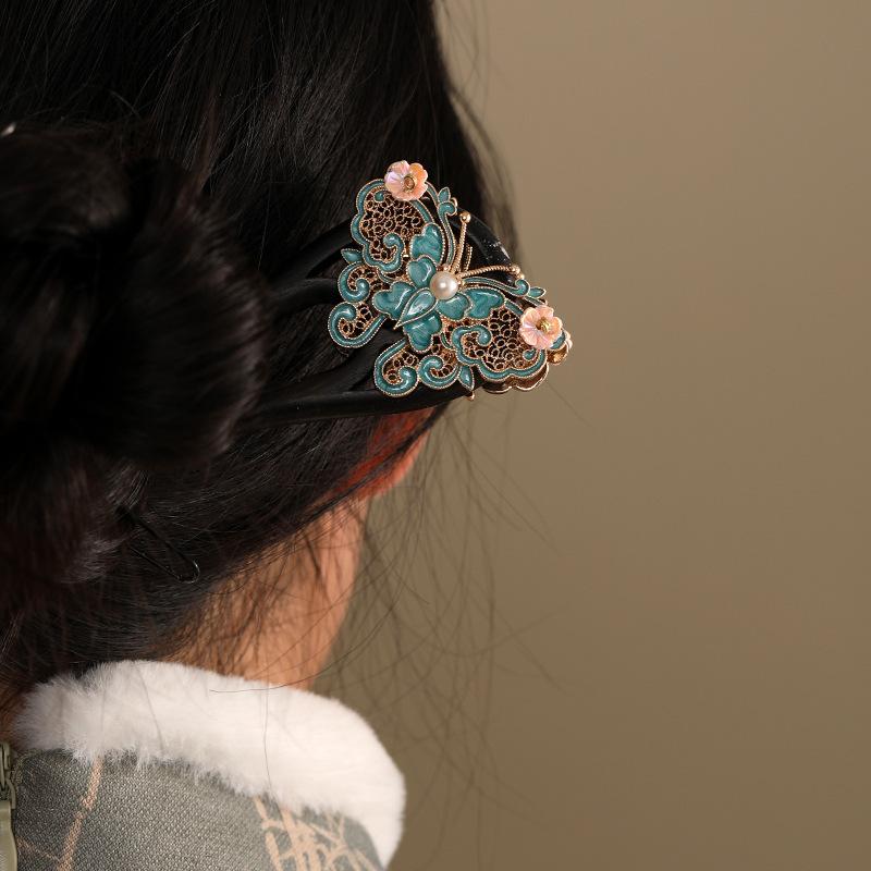 ヘアアクセサリー レディース 古風 U字型かんざし 黒檀 花柄 簪 髪飾り ヘアピン チャイナドレス 和装小物 パーティー2