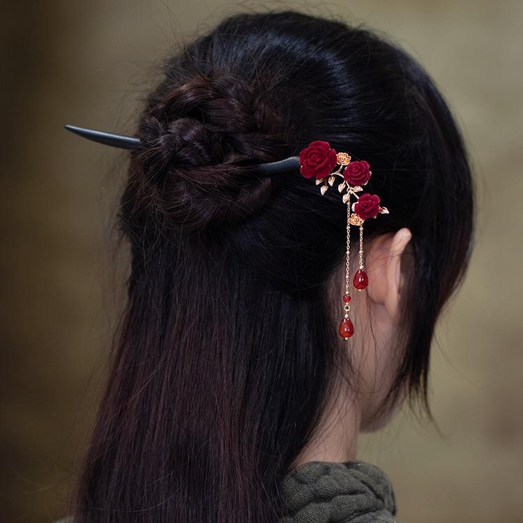 ヘアアクセサリー レディース 簪 かんざし バレッタ 檀木 レトロ 古風 チャイナドレス お団子ヘア 髪飾り ローズ バラ 流蘇 タッセル