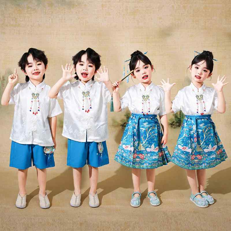 子供用ダンス衣装 女の子 馬面スカート 中国風 男の子 漢服 小学生 ・灸・灸? 班服 舞台衣装 短袖 短パン 上下セット 発表会 演奏会 110cm 120cm 130cm 140cm 150cm 160cm 170cm