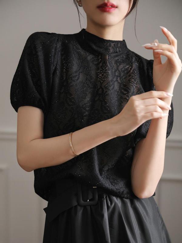 ニット レディース 薄手 デザイン サマーニット 半袖 トップス レトロ ブラック 無地 接触冷感 伸縮性 泡 パフスリーブ ポロ襟 きれいめ 上品 かわいい 大人 オフィスカジュアル