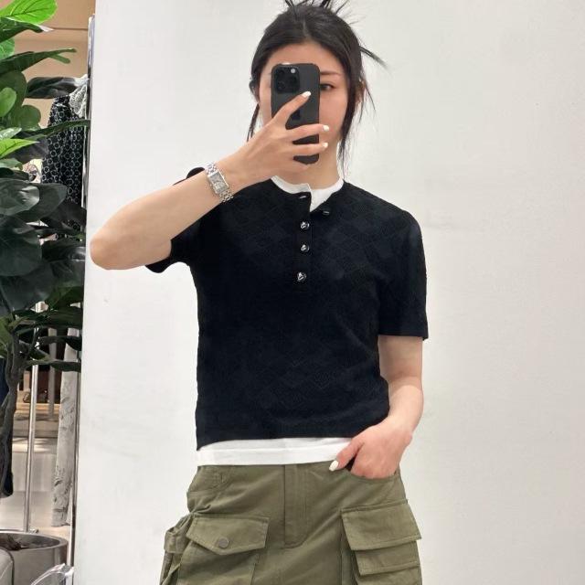 ニット レディース 半袖トップス デザイン カットソー おしゃれ ポロネック プルオーバー 接触冷感 ブラック XS S M