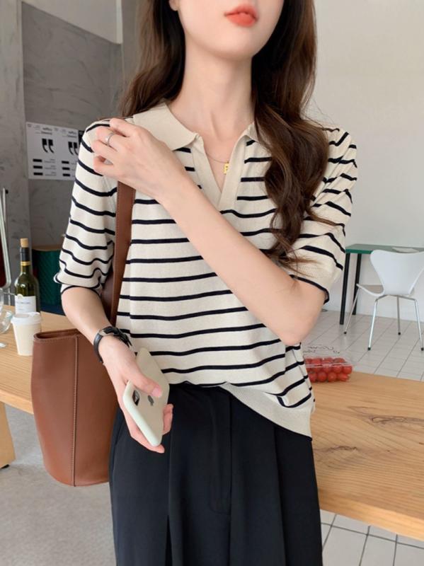 ニット ポロシャツ レディース 春夏 五分袖 ボーダー柄 接触冷感 Tシャツ トップス カットソー 涼しい ゆったり かわいい 韓国風