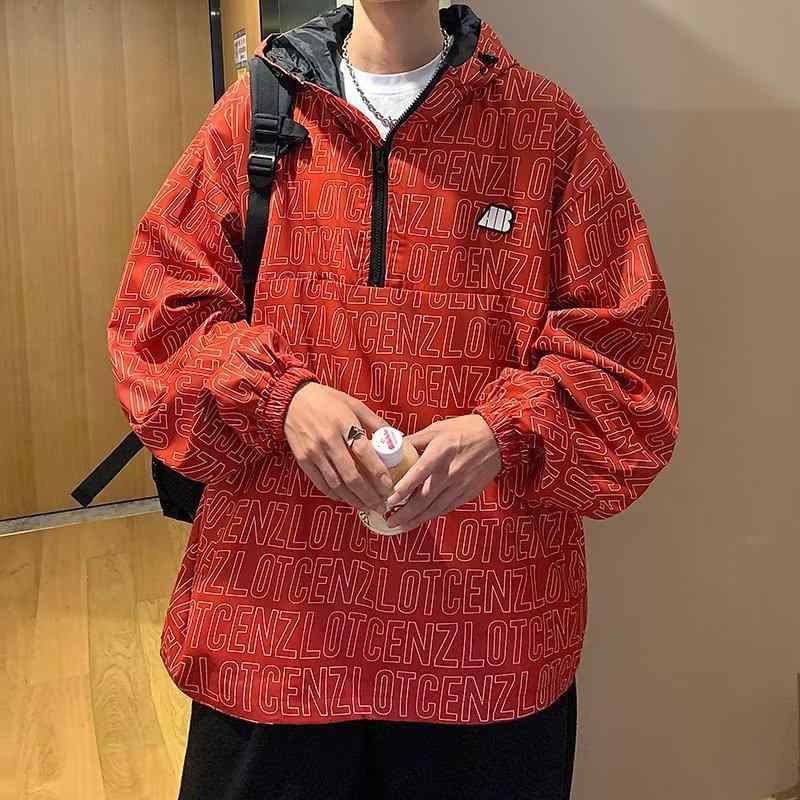 ジャケット 男性用 パーカー ブルゾン 春秋 長袖 ?松 プルオーバー フード付き サイドポケット ブラック レッド2