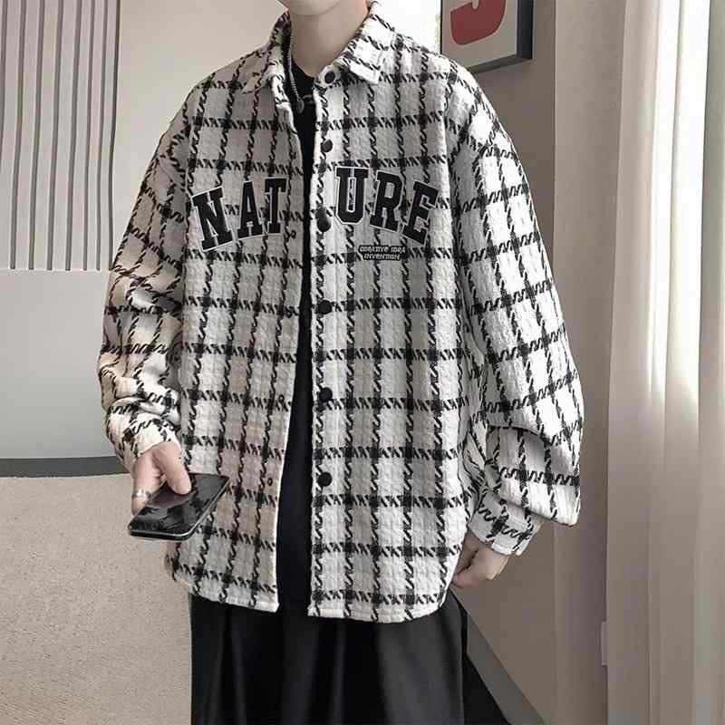 ジャケット メンズ 春秋物 レトロ 格子柄 アウター ルーズフィット カジュアル 男性用 トップス 通気性 ポリエステル ホワイト カーキ ブルー