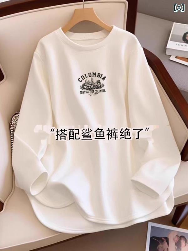 Tシャツ レディース 長袖 中長丈 ルーズ 磨毛 裏起毛 ラウンドネック トレーナー ストリート カジュアル アルファベット柄 ホワイト