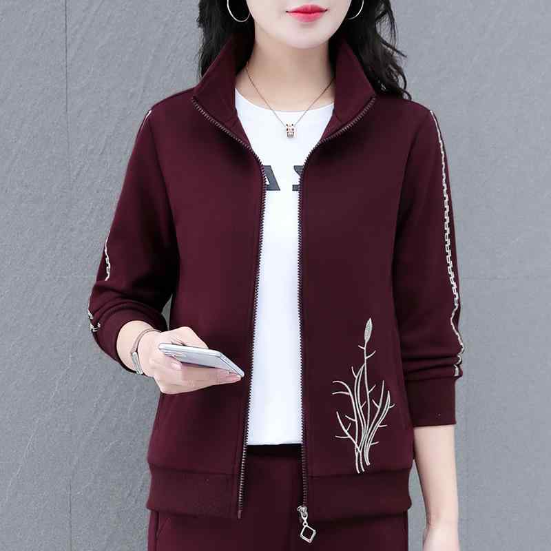 パーカー レディース 春 立襟 刺繍 ジップアップ ジャケット ミセス ママ 撞色 アウター 綿 長袖 婦人服 普段使い デイリー ウェア 杏色 ブルー ワインレッド グレー