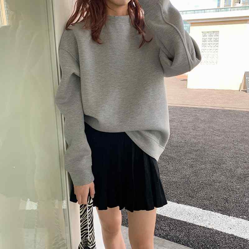 スウェット レディース ゆったり ラウンドネック ドロップショルダー ミドル丈 トップス プルオーバー 長袖 無地 暖か カットソー 普段使い ルームウェア グレー 紺 オレンジ
