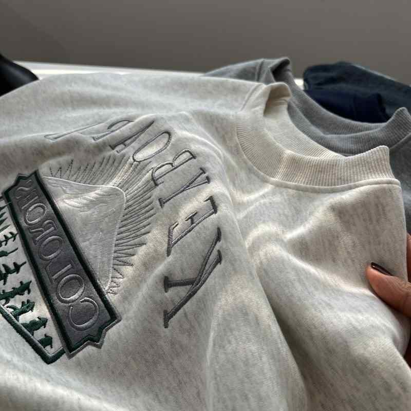 スウェット レディース ゆったり プルオーバー トップス 刺繍 ロゴ ワンポイント ドロップショルダー トレーナー ルームウェア 部屋着 普段使い 春 秋 冬 深藍色 浅米灰 中麻灰