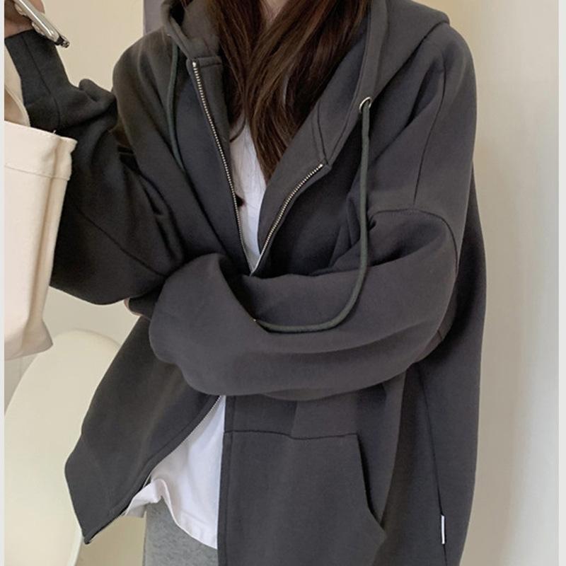 パーカー レディース 春秋 ジップアップ 韓国風 リラックス ルーズ 無地 フード付き カーディガン 秋冬 綿 ポリエステル 長袖 カジュアル スポーティー 普段使い デイリー 5,456円