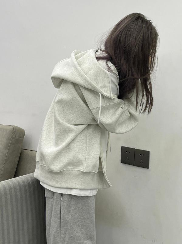 パーカー レディース 秋冬 薄手 白 灰色 長袖 ジップアップ オーバーサイズ ゆったり フード付き トップス カットソー スエット トレーナー 韓国風 かわいい カジュアル 5,430円