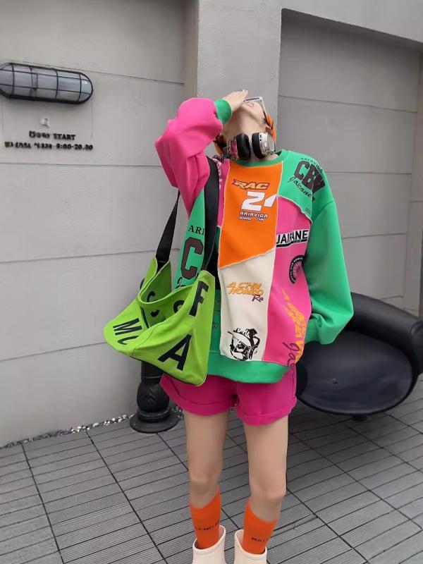 スウェット レディース 配色 切り替え ロゴ プリント ゆったり 楽ちん ラフ かわいい 長袖 トップス 秋冬 綿混紡 普段使い 部屋着2