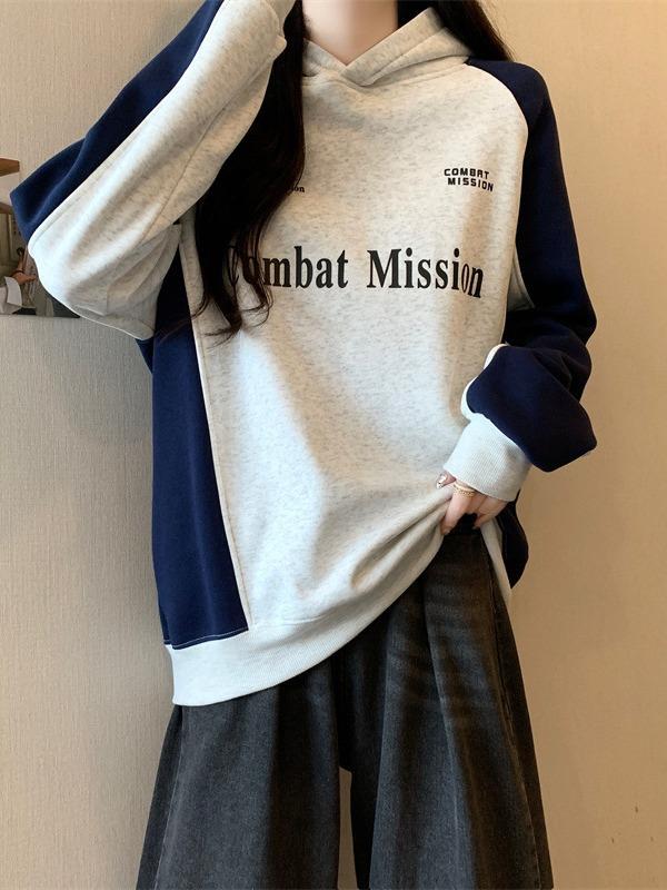 パーカー レディース コットン 裏起毛 厚手 レトロ風 ロゴプリント ラグラン袖 切り替え フード付き トレーナー 紺色 白 M L XL 普段使い 部屋着
