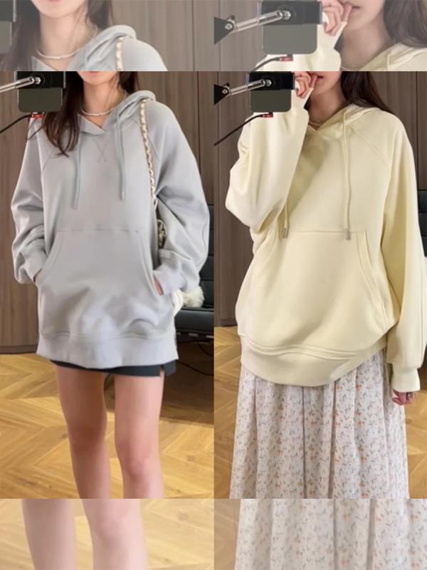 パーカー レディース 春秋 ゆったり 体型カバー コットン トップス 長袖 フード付き サーモンピンク系 バニラ系