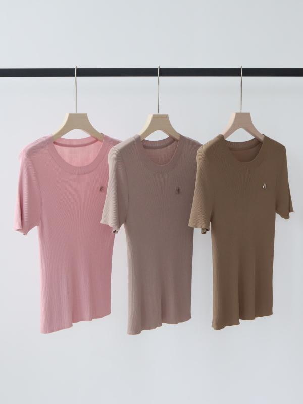 ニット レディース 半袖 Tシャツ サマーニット トップス 丸首 ストレッチ 無地 薄手 通勤 オフィス カジュアル 白 杏色 赤 ピンク 黒 グレー コーヒー カーキ ベージュ
