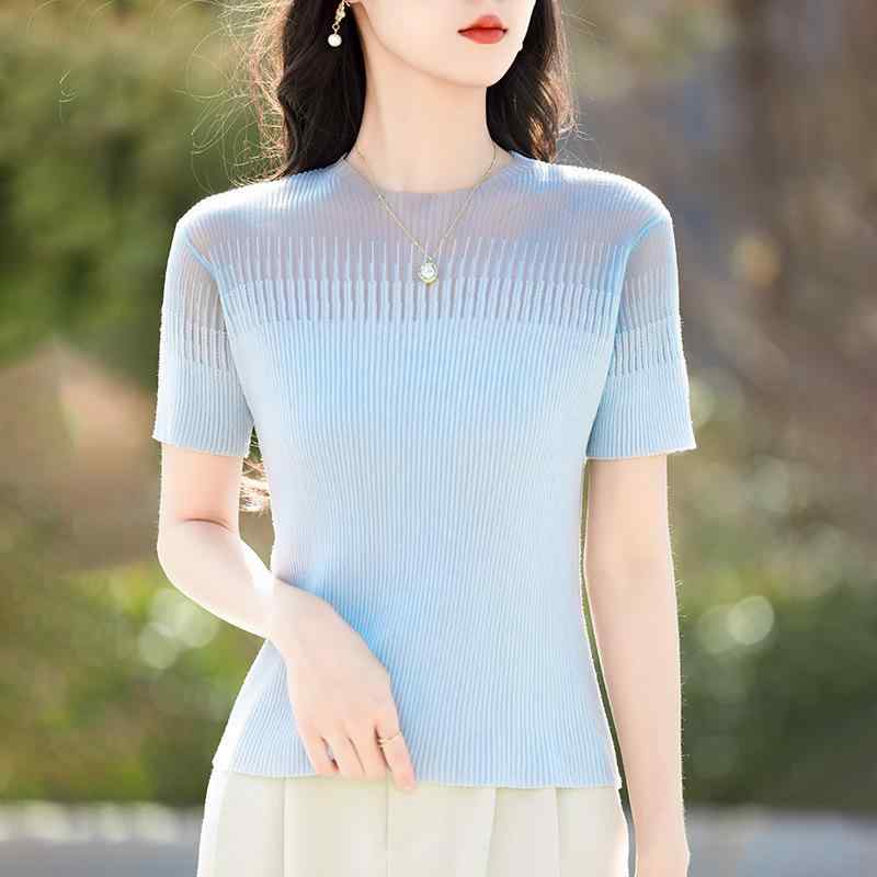 Tシャツ レディース 春夏 接触冷感 再生繊維 ウール混 オーガンジー 切り替え ニット 半袖 スリム 薄手 トップス カットソー ミントグリーン