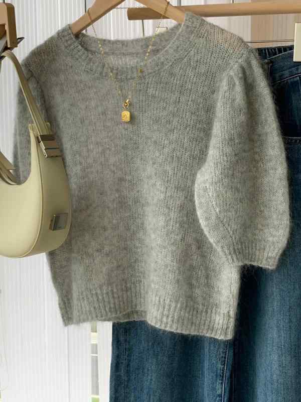 ニット レディース 半袖 グレー モヘアタッチ プルオーバー トップス 丸首 パフスリーブ ゆったり 通勤 オフィス カジュアル きれいめ